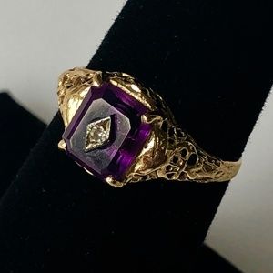 SOLD Art Nouveau 14k Plumb Amethyst Diamond Ring